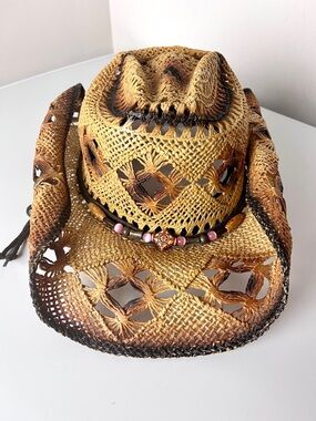 Som-Her Boho Straw Cowboy Hat Boho Western Festival Beaded • Size M